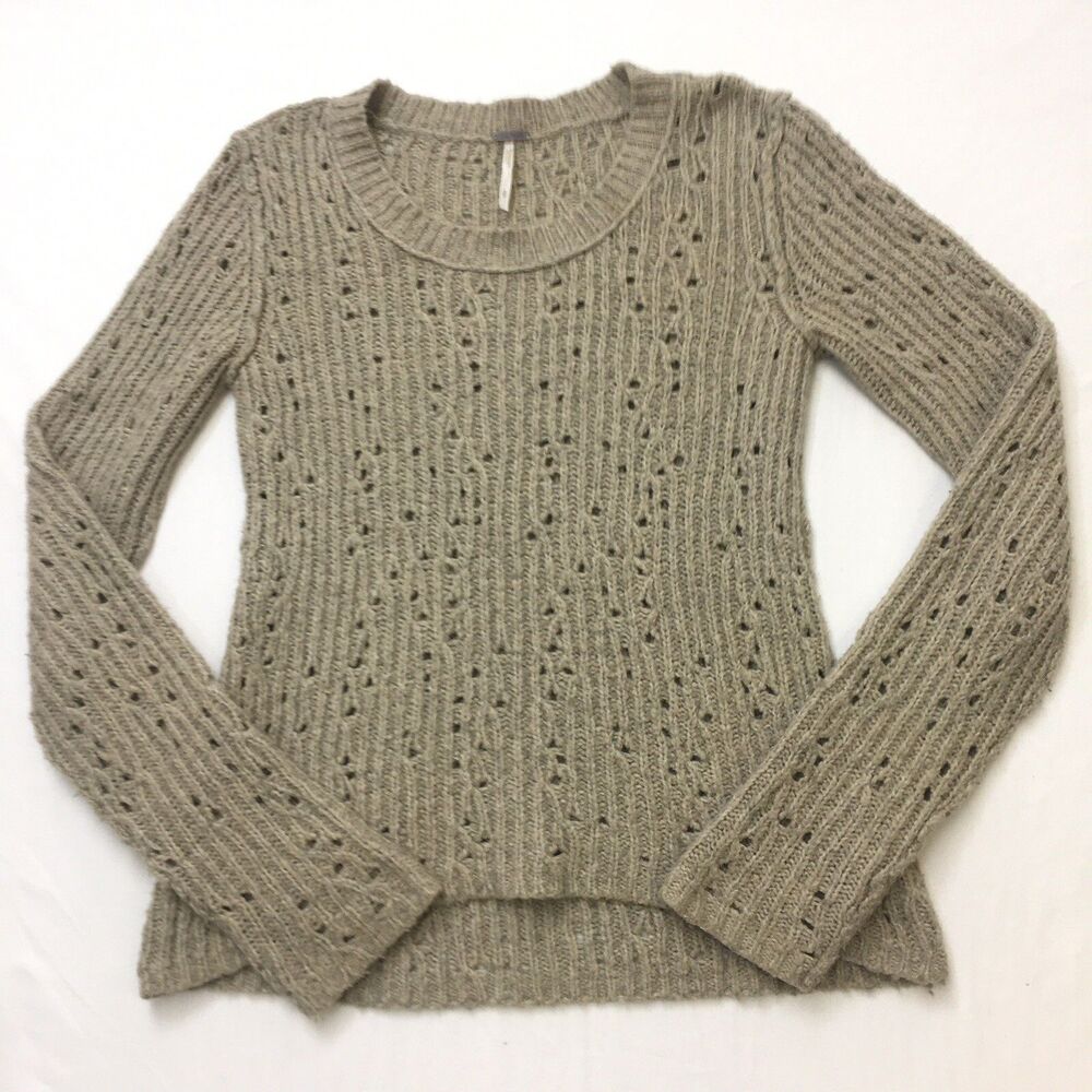 FREE PEOPLE Sweater Women's S Neutral Beige Hi Low Crochet Chunky Knit Pullover